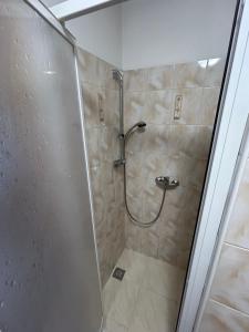 a shower with a glass door in a bathroom at Apartmán Studničky v centre Žiliny in Žilina