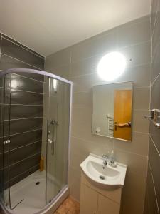 Borş的住宿－Magnific Hotel，带淋浴、盥洗盆和镜子的浴室