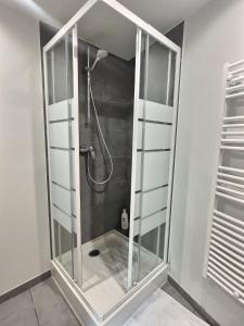 a shower with a glass enclosure in a bathroom at ''Secret garden'' De Miss.K Conciergerie in Tournus
