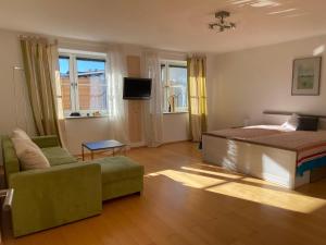 een slaapkamer met een bed, een bank en een tv bij BnB-Home Apartment in Buxheim