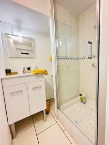 uma casa de banho branca com um chuveiro e um lavatório. em Appartement Confidentiel em Laon