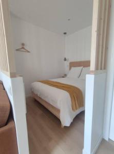 ein Schlafzimmer mit einem Bett mit weißer Bettwäsche und einer braunen Decke in der Unterkunft Le Studio in Saint-Gilles