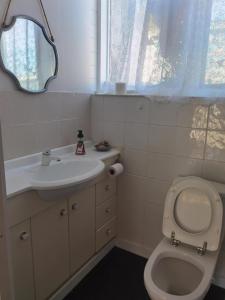 a bathroom with a sink and a toilet and a mirror at Mt Eden Tidy Unit A in Auckland