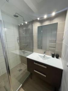 a bathroom with a sink and a shower at Apt neuf à 1 min de la mer à Sausset in Sausset-les-Pins