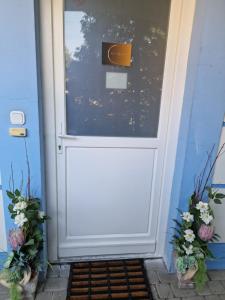 een witte deur op een blauw huis met twee planten bij Rozina Apartman in Mosonmagyaróvár