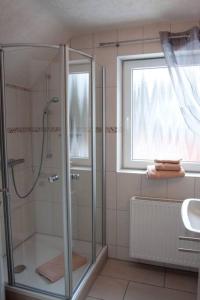 ein Bad mit einer Dusche, einem Waschbecken und einem Fenster in der Unterkunft Harzhaus Romantica in Hahnenklee-Bockswiese