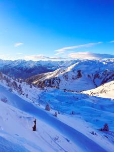 Blick auf einen schneebedeckten Berg mit Bergen in der Unterkunft Berggasthof Platzlalm in Kaltenbach