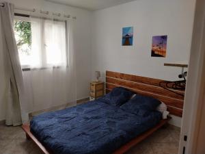 - une chambre avec un lit doté d'une couette bleue et d'une fenêtre dans l'établissement Charmante villa créole, à Grande Ravine