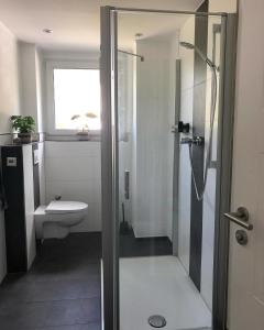 een badkamer met een douche en een toilet bij Ferienwohnung Eifelglück - b44654 in Pelm