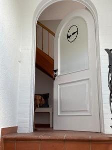 een hond zit naast een witte deur bij Ferienwohnung Eifelglück - b44654 in Pelm