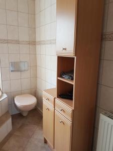 Elle comprend une petite salle de bains pourvue de toilettes et d'une armoire. dans l'établissement Ferienwohnung am Viaduktweg Familie Roman, à Langenleuba-Niederhain