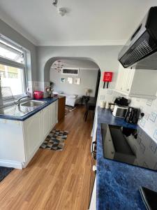 uma cozinha com um lavatório e uma bancada em Garden Place em Clevedon