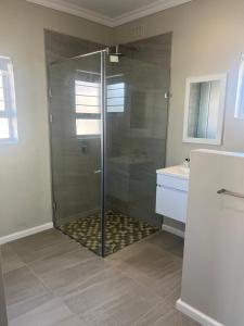 une douche avec une porte vitrée dans une salle de bain dans l'établissement Silwer, à Struisbaai