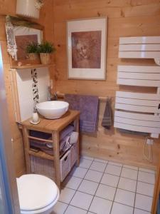 a small bathroom with a toilet and a sink at Séjour en famille dans un chalet cosy! in Briançon