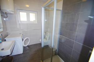 a bathroom with a shower and a toilet and a sink at Holiday apartment on the beach in Klek +28 photos