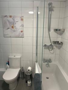 La salle de bains est pourvue de toilettes, d'une douche et d'une baignoire. dans l'établissement Immaculate 1-Bed House in Newtown Disley, à Stockport