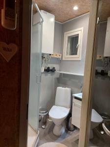 a small bathroom with a toilet and a shower at Mini house Imatra with own garden in Imatra +20 photos