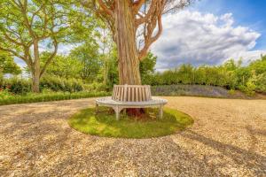 a white bench sitting next to a tree at Whitley Old Garage in Whitley