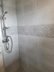 a bathroom with a shower with a tiled wall at LUCA tetőtéri Apartman in Pápa