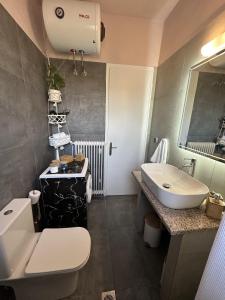 La salle de bains est pourvue de toilettes blanches et d'un lavabo. dans l'établissement Marble's Residence, à Argostóli