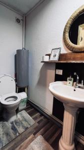 een badkamer met een toilet, een wastafel en een spiegel bij Surf Dacha Hostel in Karakol