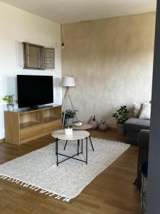 a living room with a tv and a table at Charming house on the Luxembourg border in Messancy