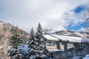 a house in the mountains with snow on the roof at Mountainside Inn 217 Hotel Room in Telluride