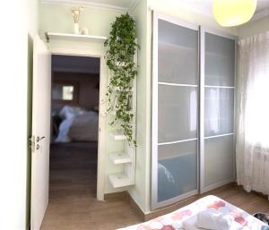 1 dormitorio con una puerta corredera de cristal con una planta en Cómoda Habitación Doble cerca de los lugares emblemáticos de Madrid, en Madrid