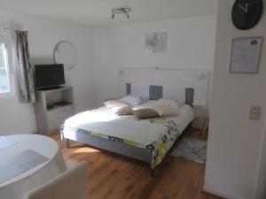 um quarto com uma cama e uma televisão em Les Renardeaux em Malmedy
