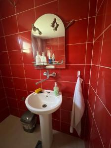 La salle de bains est pourvue de carrelage rouge, d'un lavabo et d'un miroir. dans l'établissement Casa Orange, à Malo Središte