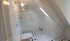 a white bathroom with a shower and a toilet at Le Faubourg 29 in Neuchâtel