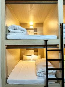 two bunk beds in a small room with a ladder at Hoang Phuc Hotel Cat Ba in Cat Ba