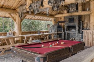 a room with a pool table in a cabin at Domek w Halpusie in Łapsze Niżne