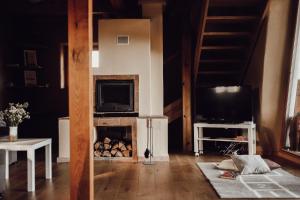 a living room with a fireplace and a tv at Ecological farm Makrobios Panonija in Gornji Petrovci