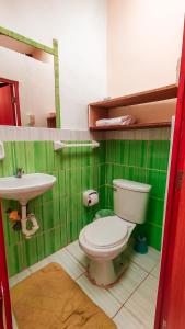 baño verde con aseo y lavamanos en La Casa de Laura, en Cusco