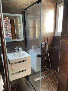 y baño con ducha y lavamanos. en Villa Familiale bassin d'Arcachon, en Biganos