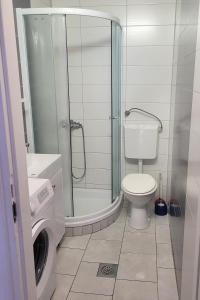 a bathroom with a shower and a toilet and a washing machine at Apartments with parking space Sutivan, Brac - 5629 in Sutivan +27 photos