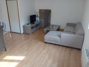uma sala de estar com um sofá branco e piso em madeira em Grand appartement avec terrasse em Wignehies