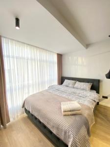 een slaapkamer met een bed en een groot raam bij Cozy Central Apartment Lev Tolstoi 43b in Chişinău