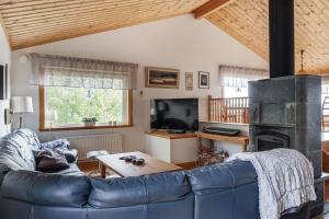 a living room with a blue couch and a fireplace at Unique cottage with a view of Malaren, Mariefred in Mariefred