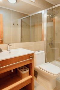uma casa de banho com um lavatório, um WC e um chuveiro em PURA Hotel em Coihaique