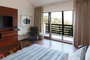 um quarto com uma cama, uma televisão e uma varanda em villa 26 em Kasauli