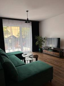 a living room with a green couch and a table at BoleslaviaApartments - Apartament Arte 2 - parking free, EV in Bolesławiec +13 photos