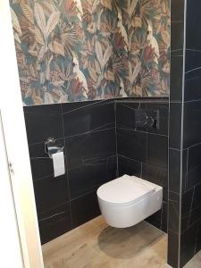 a bathroom with a toilet and a black tiled wall at L'Escapade T1 de 30 m2 neuf. in Granville +12 photos