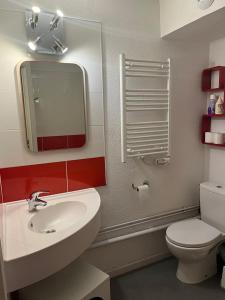 a bathroom with a sink and a toilet and a mirror at TILIA - Quartier Falaise - 2 pièces in Avoriaz