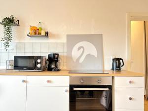a kitchen with a counter with a microwave and a picture at Der Schwan 7 - 2 Balkone - zentral - 100 qm in Düren - Eifel