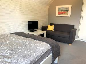 ein Schlafzimmer mit einem Bett, einem Sofa und einem TV in der Unterkunft The Kreideberger - Haus mit Platz in Lüneburg