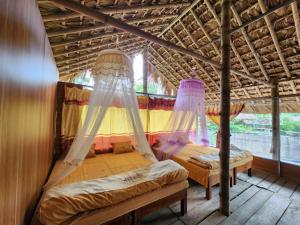 - une chambre avec 2 lits et des moustiquaires dans l'établissement Dong Que Homestay, à Ha Giang