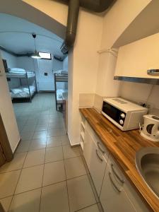 布加勒斯特的住宿－Piata Uniri Cozy Inn，厨房配有水槽和台面上的微波炉