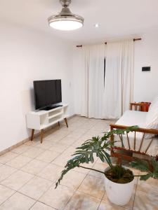 a living room with a tv and a potted plant at Departamento El Caminante in Oberá